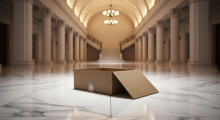 Unexpected solitude: A cardboard box sits abandoned in the grand architectural hall