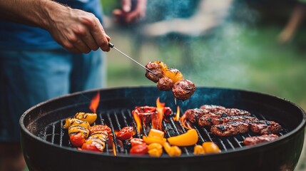 A hand grilling skewers of meat and colorful vegetables over an open flame, highlighting a vibrant outdoor cooking scene.