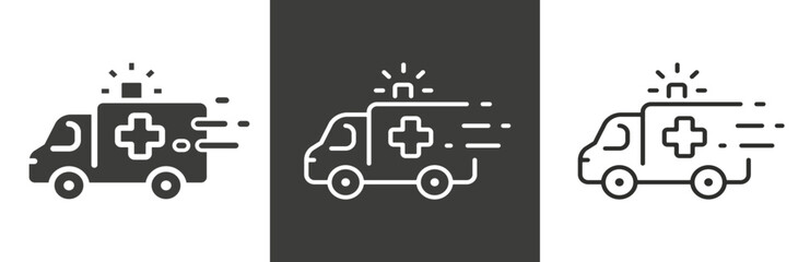 flat and linear set icons, ambulance icon, outline emergency, care medic support, simple symbols on white and black background - editable stroke vector illustration
