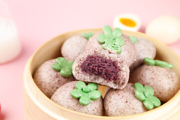Purple Sweet Potato Steamed Buns with Filling in Traditional Bamboo Steamer