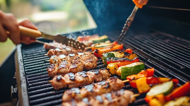 A vibrant outdoor barbecue scene featuring skewers of grilled meat and colorful vegetables being cooked on a sizzling grill. - Powered by Adobe