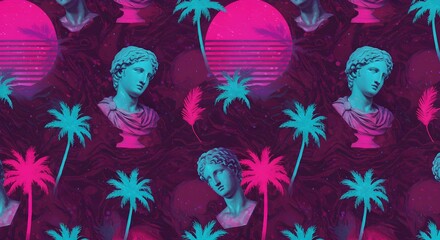Vaporwave art statue busts palm trees and neon elements against dark background