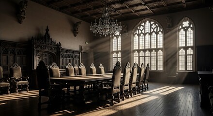 Step into history with this dramatic, sunlit medieval banquet hall, perfect for evoking power,...