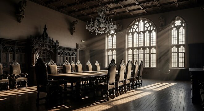 Step into history with this dramatic, sunlit medieval banquet hall, perfect for evoking power, tradition, and grand gatherings. - Powered by Adobe