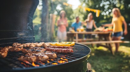 A vibrant summer BBQ scene with grilled meats and cheerful people enjoying food outdoors in a sunny backyard setting.