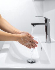 Hands are washing under running water in a modern sink