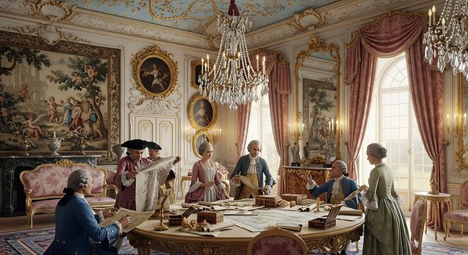Elegant aristocrats gather in a lavish rococo salon, meticulously studying antique maps and charts around a grand circular table, exuding historical sophistication and intellectual pursuit.