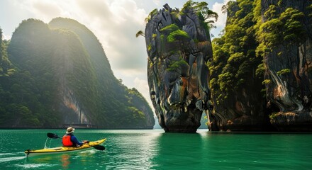 Serene kayaking expedition amidst towering limestone formations in Phang Nga Bay Thailand