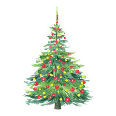 Christmas tree with balls and garlands, watercolor illustration for postcards, dishes, textiles, and packaging