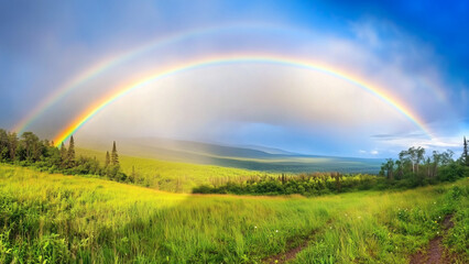 Naklejka premium Rainbow arches across green field under blue sky, bright natural landscape, sunlight and clouds, peaceful, vibrant outdoor beauty.