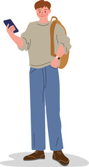 Standing man with backpack looking at smartphone