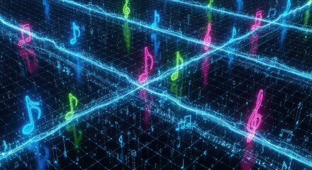 Fototapeta premium Harmonic convergence digital melody music notes on a gridlike display futuristic wave