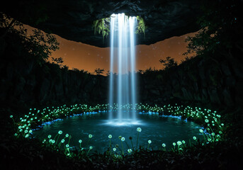 Waterfall cascades into a pool surrounded by flora under a starry night sky it's magical