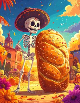 A joyful calaca skeleton celebrates Dia de los Muertos with a giant loaf of pan de muerto, surrounded by colorful marigolds in a festive town with a sticker outline style