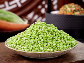 Fresh Green Mung Bean Kernels in Wooden Bowl - Healthy Asian Cooking Ingredients