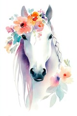 Beautiful white horse adorned with colorful flowers set against a soft, serene background depicting nature