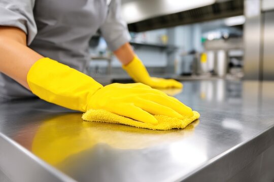 Person cleaning stainless steel counter in a kitchen
