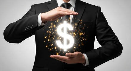 A businessman in a suit protecting a glowing dollar sign with his hands, representing financial security.