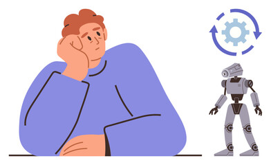 Thoughtful person resting chin on hand, robot with gear and arrows conveying automation, innovation, and AI. Ideal for technology, automation, decision-making, AI ethics, innovation future digital