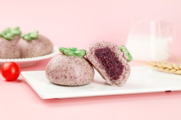 Purple Red Bean Filled Steamed Buns Asian Pastry Gourmet Food on Pink Background