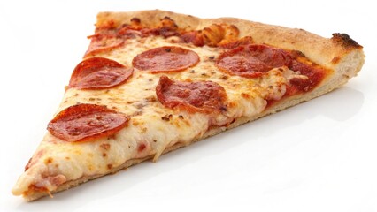 A delicious slice of Italian pepperoni pizza isolated on a white background with cheese and tomato