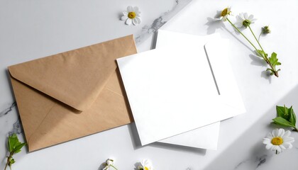 Kraft envelope and blank card mockups are arranged on a marble surface with scattered daisies
