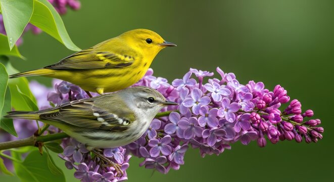 Vibrant springtime portrait of warblers resting peacefully among blooming lilac flowers