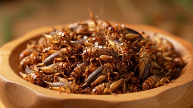 Roasted Crickets in Wooden Bowl - A close-up shot of a wooden bowl filled with crunchy roasted crickets, seasoned with salt. The crickets are dark brown and appear crispy.