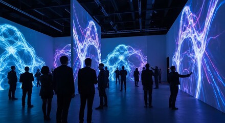 Captivated audience experiences immersive digital art installation with vibrant light projections...