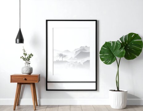 Minimalist grayscale mountain landscape in a simple black frame, displayed on a side table next to a plant - Powered by Adobe