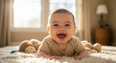 Fototapeta premium Happy Baby Lying on Bed in Warm Natural Light