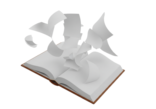 Open book with swirling papers symbolizing ideas, knowledge, and creativity taking flight into a bright future