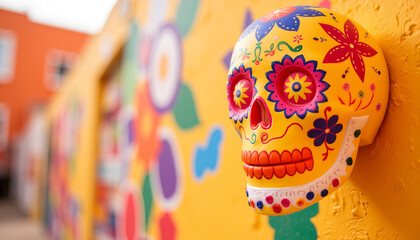 Naklejka premium Colorful decorative skull on vibrant wall representing Black Day of the Dead, Mexican style 
