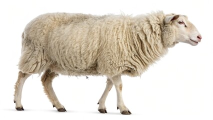 A cute, white sheep with horns is isolated on a white background, representing farm animal agriculture and a flock's wool-producing nature