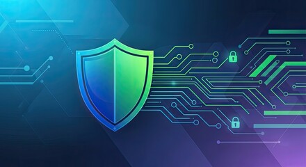 Cybersecurity Data Protection: Gradient Vector Shield Icon over Encrypted Streams