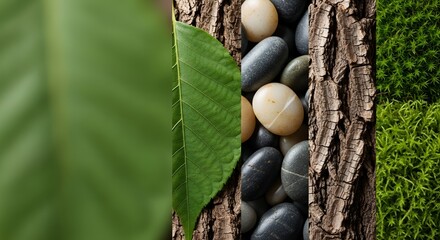 Obraz premium Natural Textures Collage: Green Leaf, Tree Bark, River Stones, and Moss.