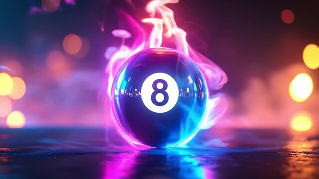 Glowing 8 ball pool with vibrant neon flames on a dark table with bokeh lights