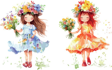Fototapeta premium Two charming watercolor illustrations of young girls wearing floral crowns and holding bouquets of flowers