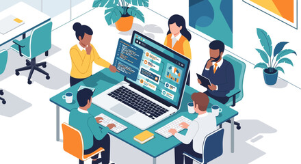 Teamwork in a modern office environment showing a group of colleagues collaborating on a project