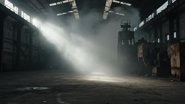 Light Beam in Smoky Industrial Room - A bright light shines through the smoke and dust particles illuminating the floor of a large, empty industrial space with old machinery.