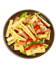 Stir-Fried Bamboo Shoots with Crispy Bacon and Bell Peppers in Bowl