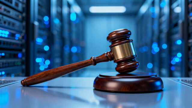 Data breach law concept with gavel in server room showing legal regulation and security concern