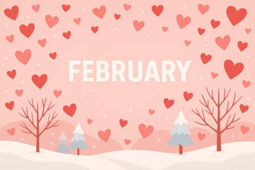 Illustrated February winter scene with pine trees, snowy ground and red and pink hearts floating in the sky, perfect for Valentine’s Day or romantic seasonal designs.
