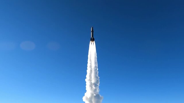 Rocket launch with intense exhaust against a vibrant, clear, cloudless, azure sky signifying progress and scientific endeavor