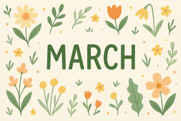 Illustrated March design with the word “MARCH” in the center surrounded by green, yellow and orange spring flowers, symbolizing joy and renewal, ideal for seasonal or calendar themes.