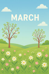 Vertical March illustration with “MARCH” written in a clear blue sky over a green meadow with trees and colorful spring flowers, representing joy and seasonal renewal.
