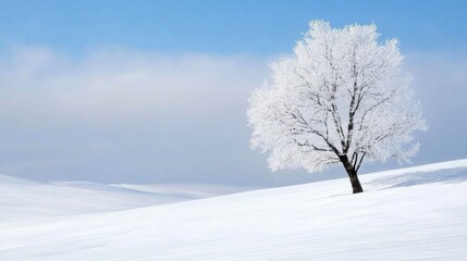 Fototapeta premium Bare frosted tree on snowy hilltop with clean white snow and bright sky backdrop