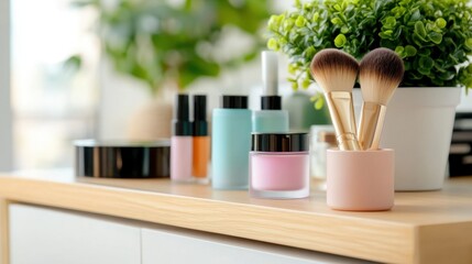 Beautiful holder of brushes and colorful beauty products on wooden chest of drawers at home