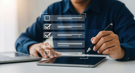 Businessman checking digital checklist on tablet. Modern task management with pen interaction. Professional productivity in office setting.