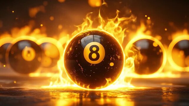Flaming 8 ball pool cue ball with fire and sparks on a dark background